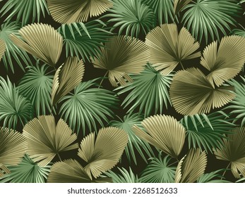 Patrón ininterrumpido hawaiano con hojas de palmera exóticas. Plantas tropicales de estilo realista. Diseño de follaje. Ilustración botánica vectorial sobre fondo negro.