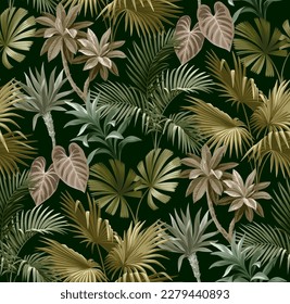 Hawaiian seamless pattern with exotic palm leaves. Tropical plants in realistic style. Vintage foliage design. Vector botanical illustration on a black background.