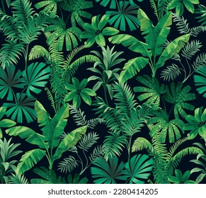 Hawaiian seamless pattern with exotic palm leaves. Tropical plants in realistic style. Foliage design. Vector botanical illustration on a black background.