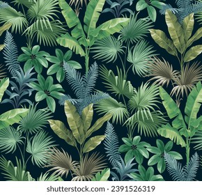 Patrón ininterrumpido hawaiano con hojas de palmera exóticas. Plantas tropicales de estilo realista. Diseño follaje vintage. Ilustración botánica vectorial sobre fondo negro.