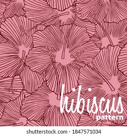 Hawaiian seamless pattern with flowers of hibiscus. Outline texture on a pink. Repeating linear drawing. Ink drawn contours of hibiscus. Tropical exotic floral background.