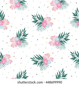 Hawaiian seamless pattern with flowers and palms leafes