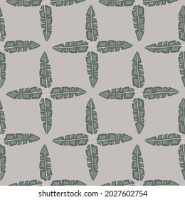 Hawaiian seamless pattern in geometric style with ornate palm leaves print. Pastel lilac background. Graphic design for wrapping paper and fabric textures. Vector Illustration.