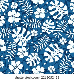 Hawaiian seamless pattern with hibiscus flowers and monstera leaves pattern