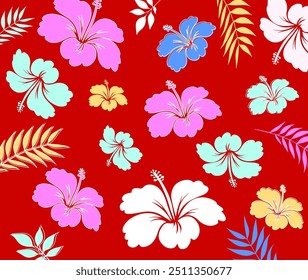Padrão sem emenda havaiano. Hibiscus flores Padrão. Flores e folhas tropicais. Camisa Havaiana Aloha. Design para tecido, têxtil, papel de parede, roupas. fundo floral. ilustração vetorial