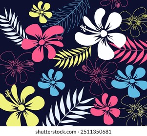 Padrão sem emenda havaiano. Hibiscus flores Padrão. Flores e folhas tropicais. Camisa Havaiana Aloha. Design para tecido, têxtil, papel de parede, roupas. fundo floral. ilustração vetorial