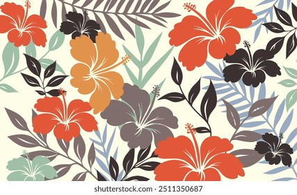 Padrão sem emenda havaiano. Hibiscus flores Padrão. Flores e folhas tropicais. Camisa Havaiana Aloha. Design para tecido, têxtil, papel de parede, roupas. fundo floral. ilustração vetorial