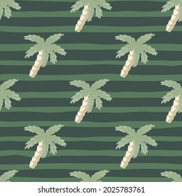 Hawaiian seamless pattern in pale green tones with tropical palm tree silhouettes. Striped background. Designed for fabric design, textile print, wrapping, cover. Vector illustration.