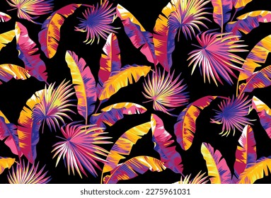 Hawaiian seamless pattern with palm leaves. Tropical design. Bright glowing yellow-pink-violet backdrop. Botanical illustration on a black background. Vector foliage background. 