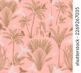 Hawaiian seamless pattern. Palm trees and birds delicate luxury pattern. Gold seamless pattern on pink background. Nautical motifs embroidery. Color trend. 