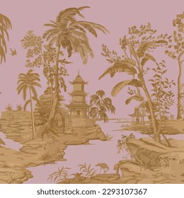 Hawaiian seamless pattern. Palm trees and birds delicate luxury pattern. Gold seamless pattern on pink background. Nautical motifs embroidery.