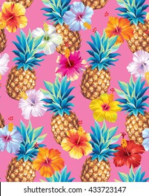 Hawaiian seamless pattern with pineapples and hibiscus flowers. Vector illustration. 