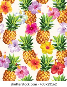 Hawaiian seamless pattern with pineapples and hibiscus flowers. Vector illustration. 