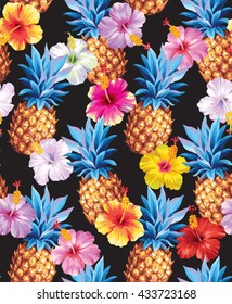 Hawaiian seamless pattern with pineapples and hibiscus flowers. Vector illustration. 