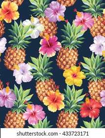 Hawaiian seamless pattern with pineapples and hibiscus flowers. Vector illustration. 