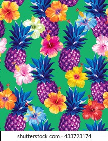 Hawaiian seamless pattern with pineapples and hibiscus flowers. Vector illustration. 