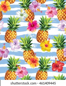 Patrón hawaiano sin fisuras con piñas y flores de hibisco en un fondo rayado. Ilustración vectorial.