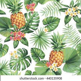 Hawaiian seamless pattern with pineapples, tropical palm leaves and flowers. Vector illustration.