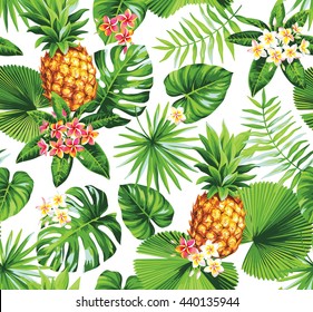 Hawaiian seamless pattern with pineapples, tropical palm leaves and flowers. Vector illustration.