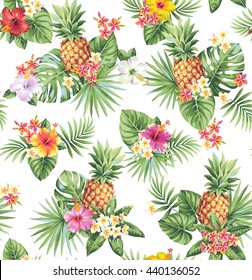 Patrón hawaiano sin fisuras con piñas, hojas tropicales de palma y flores. Ilustración vectorial.