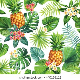 Padrão havaiano sem costura com abacaxis, folhas de palmeiras tropicais e flores. Ilustração vetorial.