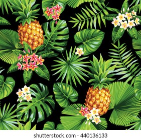 Hawaiian seamless pattern with pineapples, tropical palm leaves and flowers. Vector illustration.