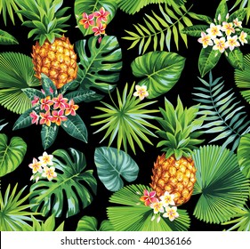 Hawaiian seamless pattern with pineapples, tropical palm leaves and flowers. Vector illustration.