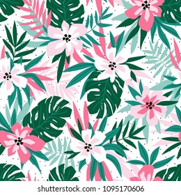 Hawaiian seamless pattern with pink flowers and green leaves. Stylish floral endless print for summer fabric design. Vector illustration.