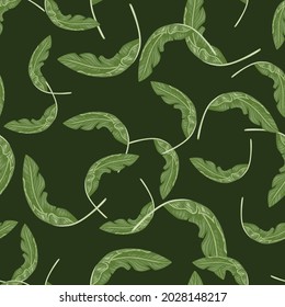 Hawaiian seamless pattern with random green tropic leaves shapes. Dark green background. Vector illustration for seasonal textile prints, fabric, banners, backdrops and wallpapers.