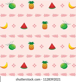 Hawaiian seamless pattern with tropical fruits coconut, pineapple, banana, and watermelon illustration, summer pattern with sof pink colours, eps 10 Vector illustration.