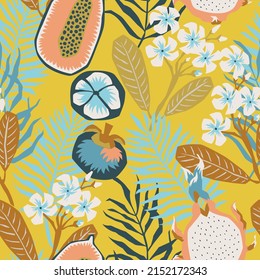 Hawaiian seamless pattern with tropical fruits and flowers. Vector illustration.