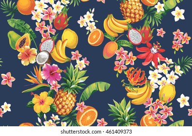 Hawaiian seamless pattern with tropical fruits and flowers. Vector illustration. 