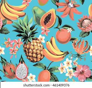 Hawaiian Seamless Pattern With Tropical Fruits And Flowers. Vector Illustration. 