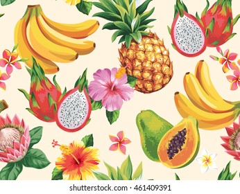 Hawaiian seamless pattern with tropical fruits and flowers. Vector illustration. 
