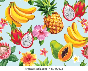 Hawaiian seamless pattern with tropical fruits and flowers. Vector illustration. 