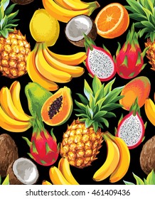 Hawaiian seamless pattern with tropical fruits. Vector illustration. 