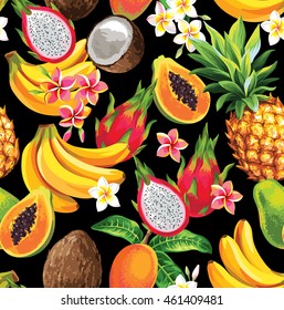 Hawaiian seamless pattern with tropical fruits and flowers. Vector illustration. 