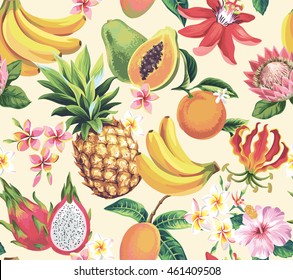 Padrão havaiano sem costura com frutas tropicais e flores. Ilustração vetorial.