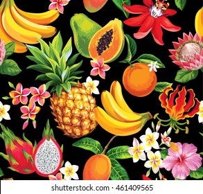Hawaiian seamless pattern with tropical fruits and flowers. Vector illustration. 