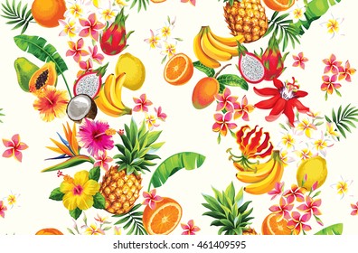 Hawaiian seamless pattern with tropical fruits and flowers. Vector illustration. 