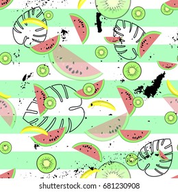 Hawaiian seamless pattern with tropical fruits and palm leaves. Can be used as background, cards, fabric etc.