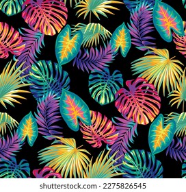 Hawaiian seamless pattern with tropical leaves. Bright glowing yellow-pink-blue-violet backdrop. Botanical illustration on a black background. Vector foliage background. 