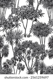 Hawaiian seamless pattern with tropical trees. Foliage background. Monochrome botanical sketch. Vector illustration.