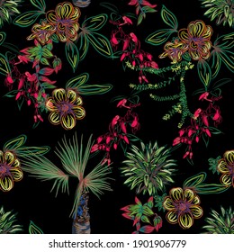 Hawaiian seamless pattern wallpaper with tropical flowers, leaves and palm on a black background. Textile composition, hand drawn style print