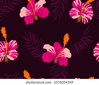 Hawaiian seamless texture with hibiscus and palm leaf. Tribal pattern zebra and tiger on tropical leaves. Vector illustration for fabric, interior decor and cover. 