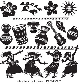 Hawaiian Set with dancers and musical instruments