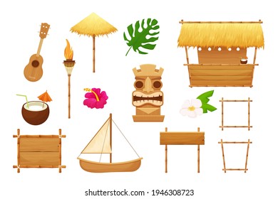 Hawaiian set holiday traditional elements in cartoon style isolated in white background. Beach bar with straw, umbrella, wooden frames and decorations, ukulele, bamboo torch, tiki mask and hibiscus.