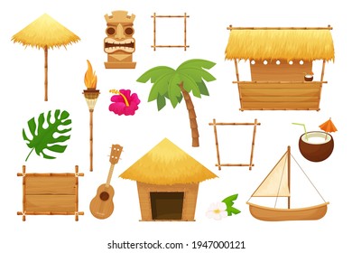 Hawaiian set holiday traditional elements in cartoon style isolated in white background. Beach bar with straw, umbrella, wooden frames and decorations, ukulele, bamboo torch, tiki mask and hibiscus.