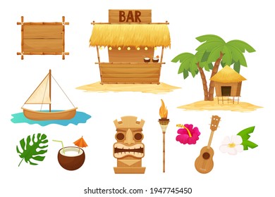 Hawaiian set holiday traditional elements in cartoon style isolated in white background. Beach bar with straw, umbrella, wooden frames and decorations, ukulele, bamboo torch, tiki mask and hibiscus.