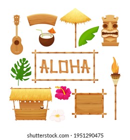 Hawaiian set holiday traditional elements in cartoon style isolated in white background. Beach bar with straw, umbrella, wooden frames and decorations, ukulele, bamboo torch, tiki mask and hibiscus.